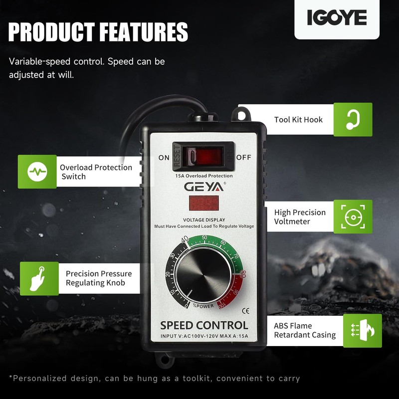 IGOYE 100V-120V 15A AC Motor Speed Controller with Overload Protection,