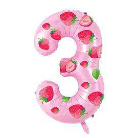 DIY Strawberry Pink Helium Mylar Number 3 Balloons - 32 Inch Foil 3th Birthday Decor with Bonus Strawberry Stickers- Fun Pink Party Balloons for Girls,Kids, DIY Theme Party Decor Supplies
