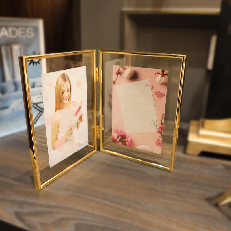 AhaGo Folding Dual Frame, Gold Floating Picture Frame, 6"×8", Vertical,