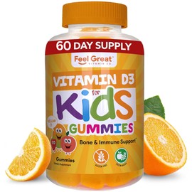 Vitamin D3 1000IU Gummy Vitamins for Kids (60 Day Supply) by Feel Great Vitamin Co | 60 Gummies | Delicious Plant Based Gummies | Supports Healthy Bones, Teeth, Mood, Immune System*