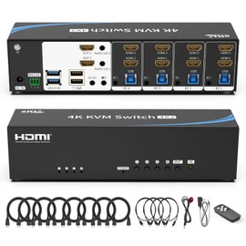 eKL Real Seamless Switching USB 3.0 HDMI KVM Switch Dual Monitors 4 Computers 4K@30Hz, 4 Port Extended Display, 3.5mm Audio, EDID Emulators, Button, Hotkey, Mouse, RS232 Code Switching