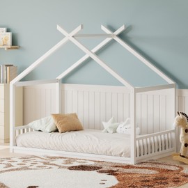Ball & Cast Twin Size Montessori House Bed,Floor Bed Frame with Wooden Headboard and Footboard,Low Profile Fence Design,Suitable for Bedroom,Easy Assembly,White