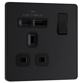 BG Electrical Single Switched Power Plug Wall Socket with Type A USB and Type C USB Charging Ports, Fast Charge, Screwless Front Plate, Evolve, Matt Black, 13A, 18W, PCDMB21UAC18B