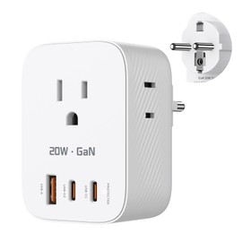 European Travel Plug Adapter, Thinkbee GaN 20W Type E/F Power Plug, with 3 AC Outlets, 2 USB C & 1 USB A Port, Travel Essentials for US to Most Europe French German Spain Greece Norway Iceland Korea