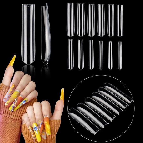 Deciniee 504Pcs XXXL Clear False Nails,Extra Long 3XL Tapered Square Fake Nails 12 Sizes Straight Square Nail Tips Full Cover Press on Nails,Nail Extension Kit for Manicure Home DIY Nail Art