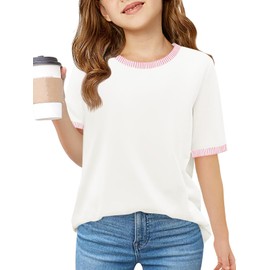 Haloumoning Girls Color Block Short Sleeve Shirts Kids Summer Striped Crewneck Tops Casual Tees 5-14 Years White