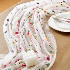 Wracra 3pcs Embroidery Cheesecloth Table Runner Daisy Summer Fall Table Runner 120 inch 10ft Florals Gauze Table Runners for Wedding Party Baby Shower Birthday Home Decor Holiday Decorations, White
