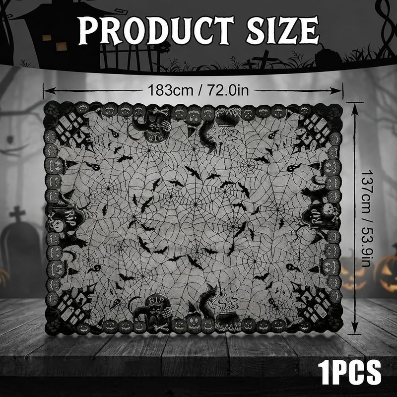 1Pack Halloween Table Cloth, Black Lace Design with Pumpkin Bat