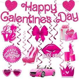 Galentine's Day Hanging Decorations-10Pcs Galentine's Day Hanging Swirls,Pink Glitter Happy Galentine's Day Banner and XOXO Love Ceiling Hanging Decorations Galentine’s Photo Booth Props