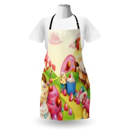 Lunarable Pink Apron, Food Theme Tasty Landscape of Candies Cupcakes Lollipop and Ice Cream Print, Unisex Kitchen Bib with Adjustable Neck for Cooking Gardening, Adult Size, Green Yellow