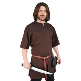 Vehi Mercatus Simple Medieval Tunic Short Sleeve Njord Cotton Black, Brown, Red, Size or Blue LARP, Reenactment, Everyday (Brown, L)