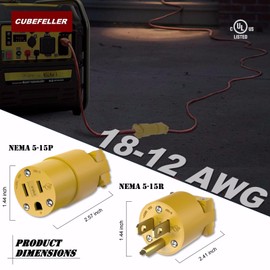 CUBEFELLER Extension Cord Ends Male and Female, Replacement Plug & Connector Set, 3 Prong, 15Amp, 125Volt, NEMA 5-15P & NEMA 5-15R, UL Listed,5 Set,Comes with a Screwdriver,ER0105S(Yellow)