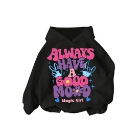 RoseSeek Girl's Letter Graphic Hoodie Long Sleeve Hooded Neck Drop Shoulder Loose Sweatshirts Fall Tops Black 9 Years