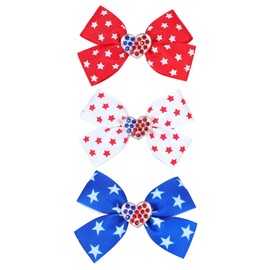 Red White Blue Hair Bow Clips for Baby Girls 4th of July Hairs Accessories Patriotic Hair Bow Kids Bowknot hair Clip 3 Pack ZFJ67 (Star Heart Style)