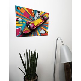 The Plum Penguin Vibrant Skateboard Pop Art Wooden Wall Decor - Dual A4 MDF Panels with Bold Graphic Print Canvas Alternative 40 x 30cm