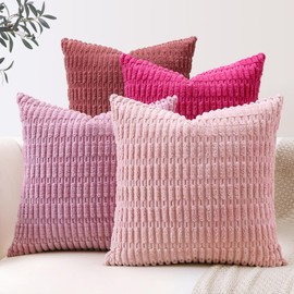 OTOSTAR Pack of 4 Boho Corduroy Decorative Throw Pillow Covers 20x20 Soft Striped Pillowcases for Sofa Patio Farmhouse Bedroom Living Room 50x50cm Modern Home Decor Cushion Covers Hot Pink Purple