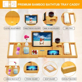 Premium Expandable Bamboo Bathtub Tray Caddy - Fits Most Bath Tubs