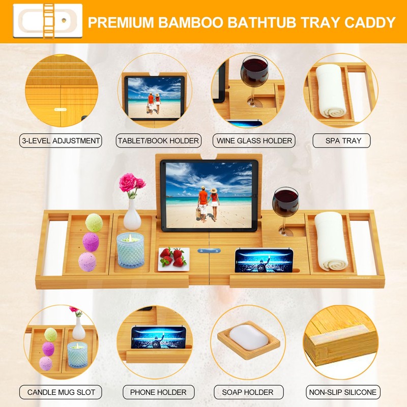 Premium Expandable Bamboo Bathtub Tray Caddy - Fits Most Bath