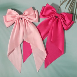 SUSULU Pink Hair Bows for Women, 2pcs Big Long-Tail Ribbon Accessories, Hot Pink Barrettes for Party Birthday