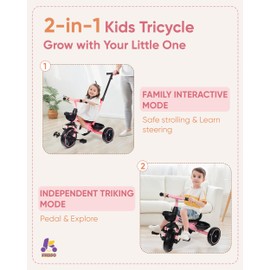 KRIDDO 2-in-1 Toddler Tricycle for Ages 18 Months to 5 Years Old - Extended Push Handle for Effortless Push, Gift Trike for Toddler 3 to 5 Year, Kids Tricycle with Foldable Front Footrest, Pink