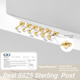 MACACHII Sterling Silver Earrings Set for Women Men, Flat Disc 14K Gold Plated Hypoallergenic Stud Jewellery Cartilage & Tragus Stacks for Multiple Piercings