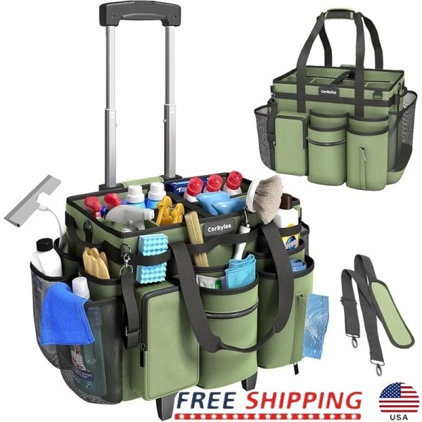 Rolling Cleaning Caddy Cart Organizer Detachable Trolley Waterproof Supplies Bag
