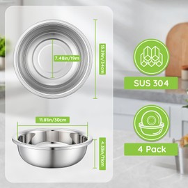 Offiper 304(18/8) Large Stainless Steel Mixing Bowls Set, 4 Pack 13.4" 7.4 Quart Big Silver Metal Food Prep Baking Bowl Heavy Duty with Flat Base for Kitchen Cooking Serving Storage Dishwasher Safe
