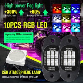 10 Pods RGB LED Rock Lights Kits with APP Control RGB Multi-Color Atmosphere Underglow Lights, 12V Waterproof LED Chassis Atmosphere Lamp for Motorcycle Car Bike Trucks etc.… (10 LED Pods)