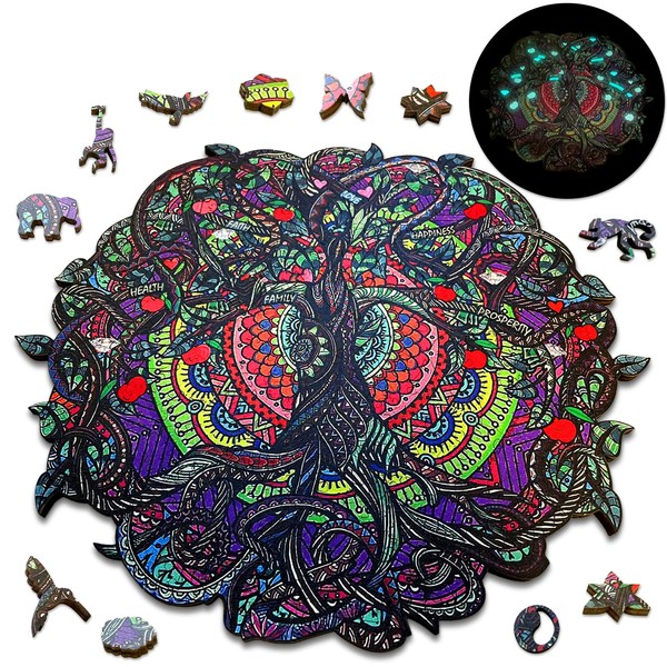Tree of Life Wooden Glowing Jigsaw Puzzles – Unique Beautiful Animals Shapes, Best Gift for Adults and 12 Years Age up Kids, Family Game Play Collection 294 Pieces – Large