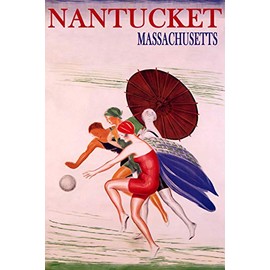 WONDERFULITEMS Nantucket Massachusetts Summer Beach Happy Women Playing Ball Sun Umbrella USA Travel 16" x 24" Image Size Vintage Poster repro Canvas Rolled up. We Have Other Sizes