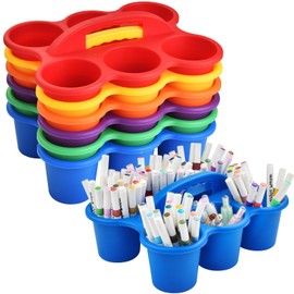 6 Pack Classroom Caddy Organizer with Handle, Plastic Drink Cup Caddy Holder, 6 Compartments for Kids, Table, Office, Arts, Crafts, Crayon, Marker, Pencil, School Supplies - 6Colors
