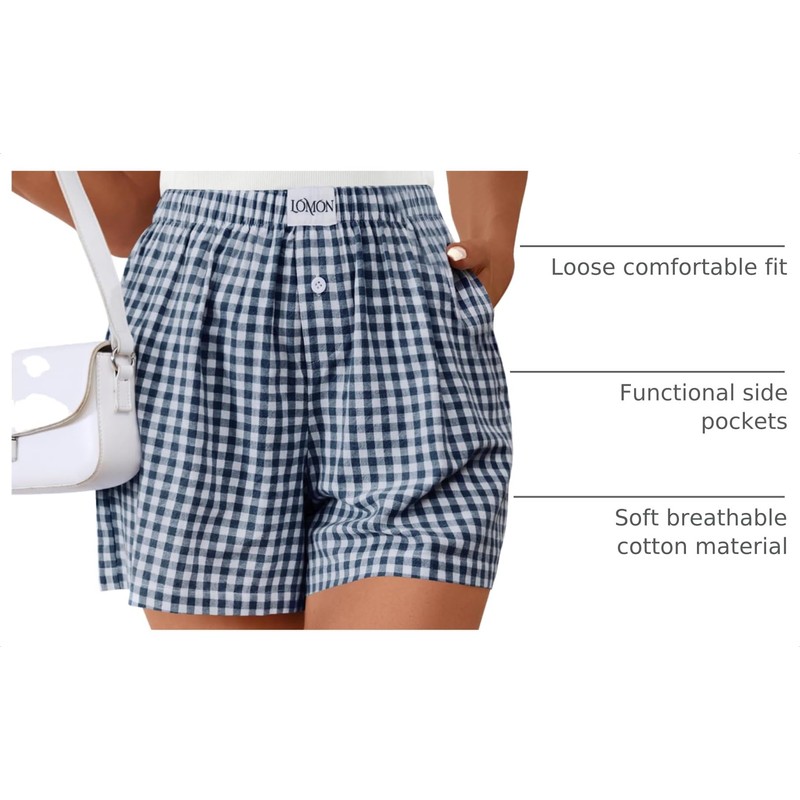 LOMON Shorts for Women Summer Gingham Boxer Y2K Pajamas Pockets