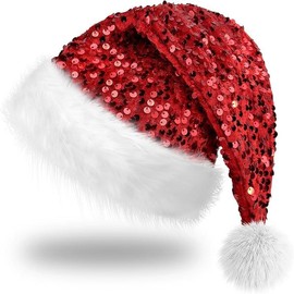Christmas Sequin Santa Hat Bling Santa Hat Glittery Sparkly Santa Hat for Adults New Year Xmas Festival Party - Color: Red