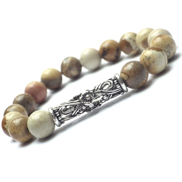 Damenarmband mit filigraner zentraler tibetischer Perle und braunen Jaspisperlen