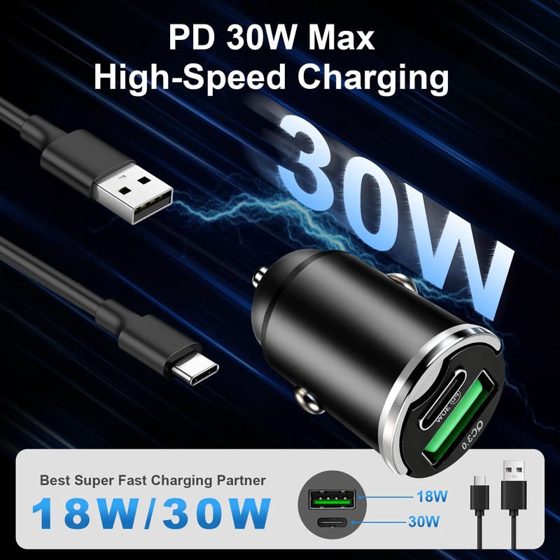 Mini Dual Port Car Charger 48W with 30W PD and