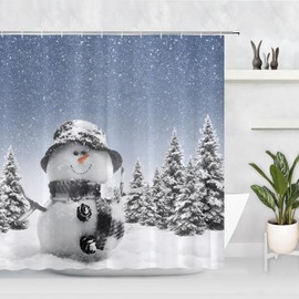 Gaakvrr Winter Christmas Shower Curtain, Cute Snowman Snowflake Scene Shower Curtains for Bathroom, Pine Tree Covered Snow Fabric Bath Curtains Set with Hooks 180x180cm