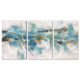 Yihui Arts 3 Piece Abstract Canvas Wall Art with Textured Light Blue Teal Color Painting Pictures Set with Gold Foil Artwork for Living Room Bedroom Bathroom Decor