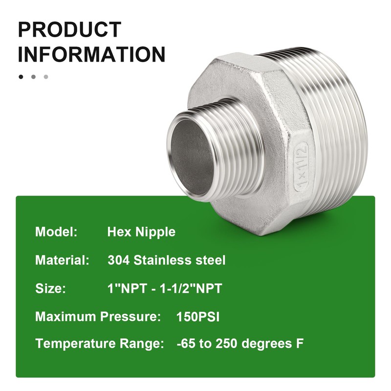 TAISHER 2PCS Cast 304 Stainless Steel Hex Nipple, Reducer Pipe