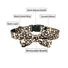 Olahibi Bowtie Dog Collar and Leash Set, Nylon Webbing with Leopard Ribbon, 5ft Matching Leash, for Large Dogs.(L, Leopard)