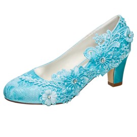 Emily Bridal 1505-1B Zapatos de boda para mujer con puntera cerrada de 2.56 pulgadas, tacón grueso de encaje de satén con diamantes de imitación, zapatos de novia, cian-azul, 9.5 US