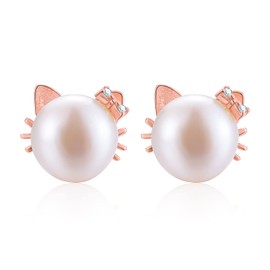 ✦Earrings for Women✦ Esberry 14K Gold Plated S925 Sterling Silver Cat Stud Earrings Simulated Pearl Earrings Cat Shell Pearl Earrings Gifts for Women.(Rose Gold-2)