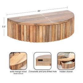 Kate and Laurel Reid Modern Ribbed Wooden Floating Side Table with Storage Drawer for Use as Bedroom Nightstand, 20x11x6, Natural