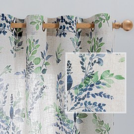 MYSKY HOME Linen Sheer Curtains for Living Room Leaf Patterned Semi Vertical Drapes Decor Farmhouse Style Texture for Dining Room Light Soften Privacy, Green, W52 x L84, Pack-2