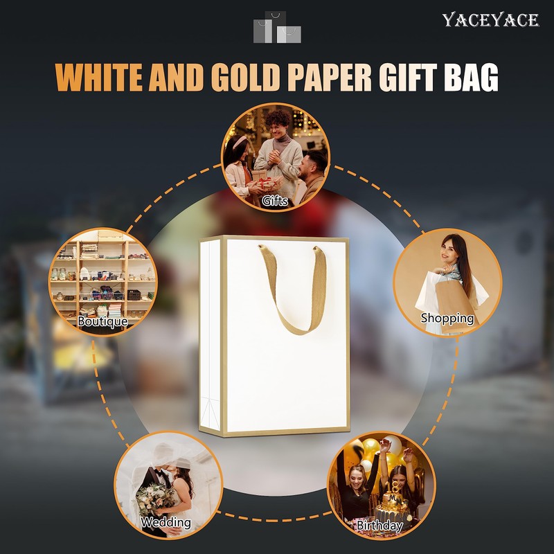YACEYACE White Gift Bags - Medium Size, 20 Pcs, 8"x4"x10.5",