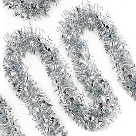 KINGLAKE Silver Christmas Tinsel Garland - 33 Feet Christmas Garland Metallic Hanging Xmas Tree Garland for Xmas Tree, Home and Holiday Party Decorations Indoor Outdoor