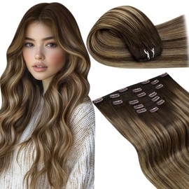 LaaVoo Clip-In Human Hair Extensions, 40 cm, Balayage Remy Hair Clip, Double Wefts, Ombre Straight Hair, Dark Brown with Caramel Blonde, Full Head, 120 g, 7 Pieces