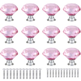 ANJUU 12 Pcs 30mm Diamond Shape Crystal Glass Cabinet Knobs with Screws Drawer Knob Pull Handle Used for Kitchen, Dresser, Door, Cupboard (Pink)