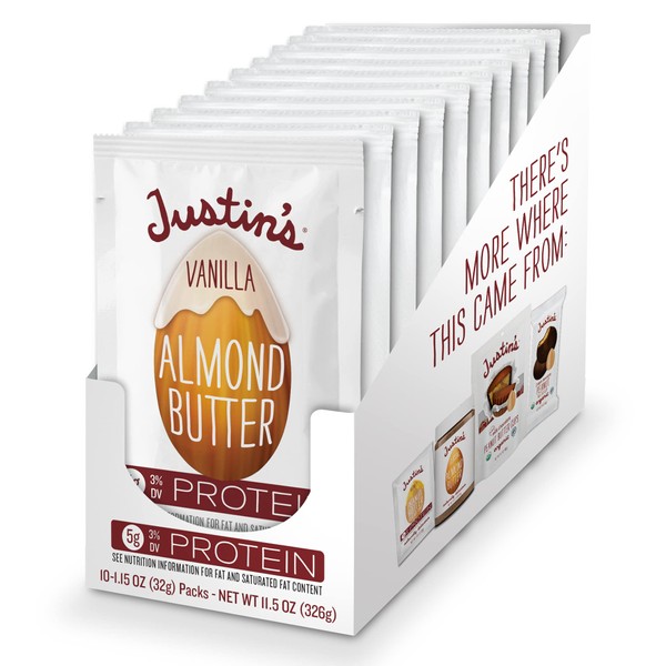 JUSTIN'S Gluten-Free Vanilla Almond Butter 1.15 oz Squeeze Pack, (Pack of 10)