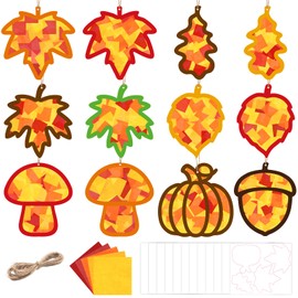 24 Pcs Fall Crafts for Kids Thanksgiving Leaves Pumpkins Paper Suncatchers DIY Kit Autumn Thanksgiving Activities Decorations Maple Leaf Craft Ornament Window Stained Glass Effect Art Supplies (Color)