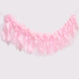 Pink Bow Coquette Garland - She's Tying The Knot Ribbon and Tulle Bow Garland, Bow Theme Birthday, Bachelorette,Baby Shower, Bridal Shower Decorations, Pink Bow Nursery Decor